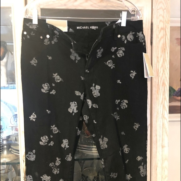 Micheal Kors  size 10 black & silver metallic print jeans IZZY ankle crop NWT - Picture 10 of 16